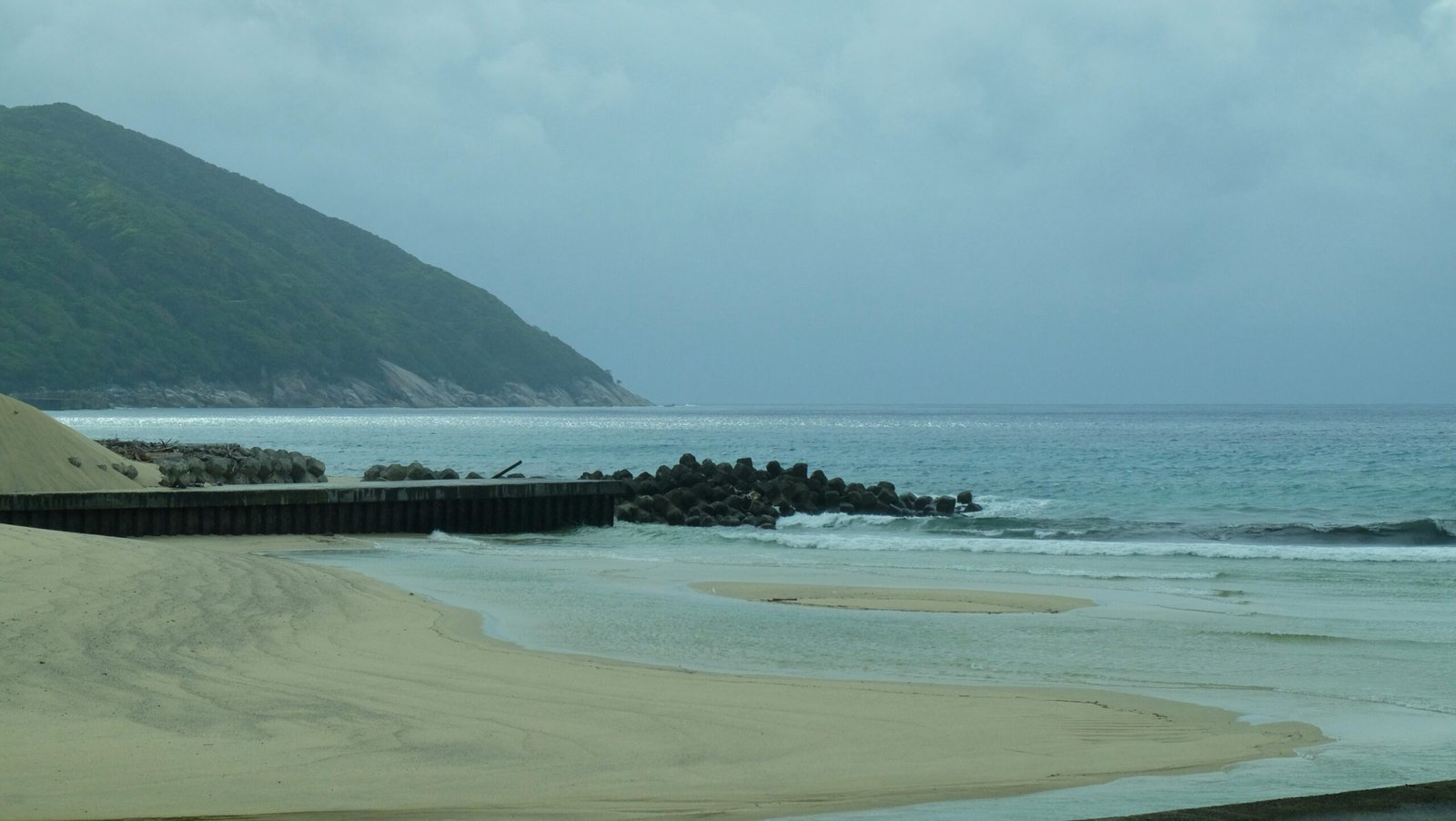 a view of a beach with a mountain in the background