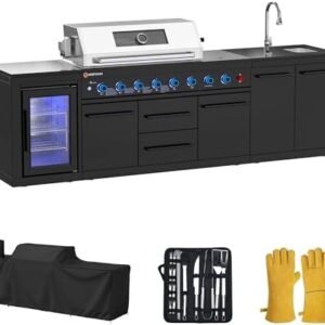 VESTIVIUM 112" All-in-One Outdoor Kitchen, 8-Burner Modular Grill Station, 1-Hour No-Construction Setup, Black SS304 & Black Granite, Sink, Fridge, Complete BBQ Set for Large Patios & Backyards : Patio, Lawn & Garden